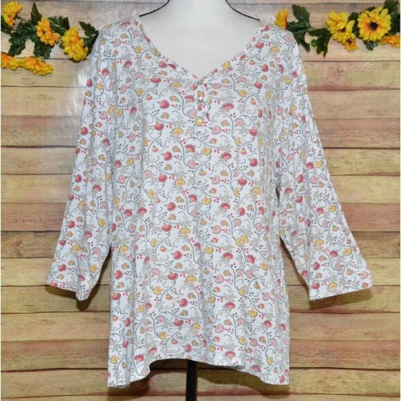 Croft & Barrow Plus Size 2X Cream Floral Knit Top 3/4 Sleeves V-Neck Stretch - Picture 1 of 9